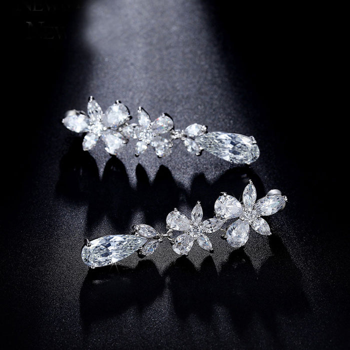 Elegant Floral Cubic Zirconia Drop Bridal Earrings - The Wedding Garter
