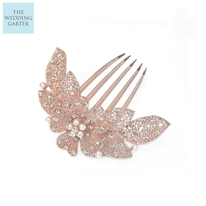 Elegant Pearl & Rhinestone Gold Hair Comb For Wedding - The Wedding Garter