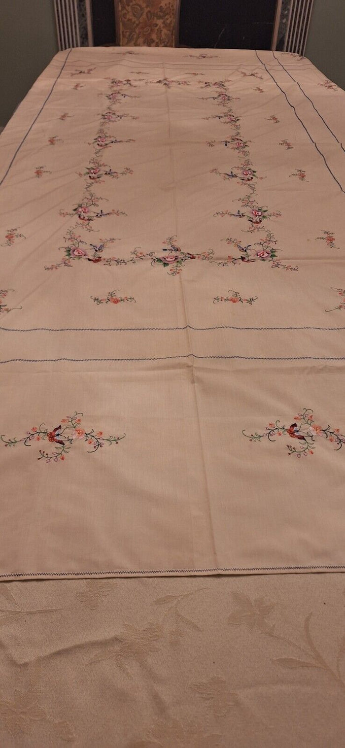 Embroidered Floral Tablecloth with Butterflies 5-5 X 8-5