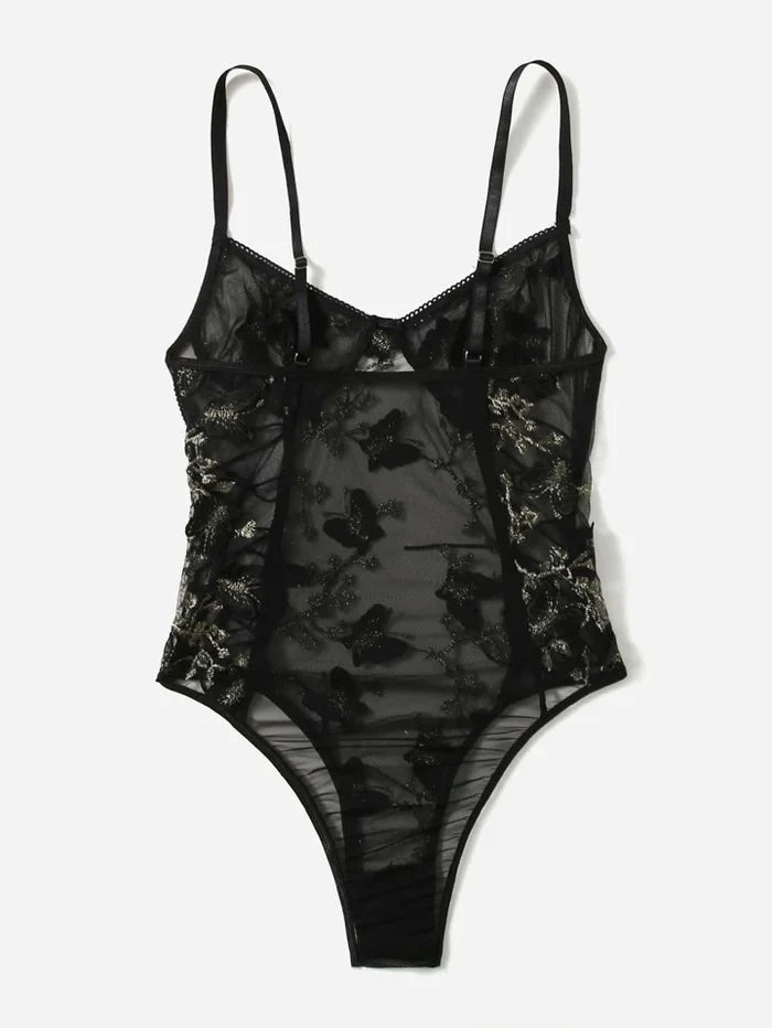 Embroidered Mesh Lace-up Teddy Bodysuit
