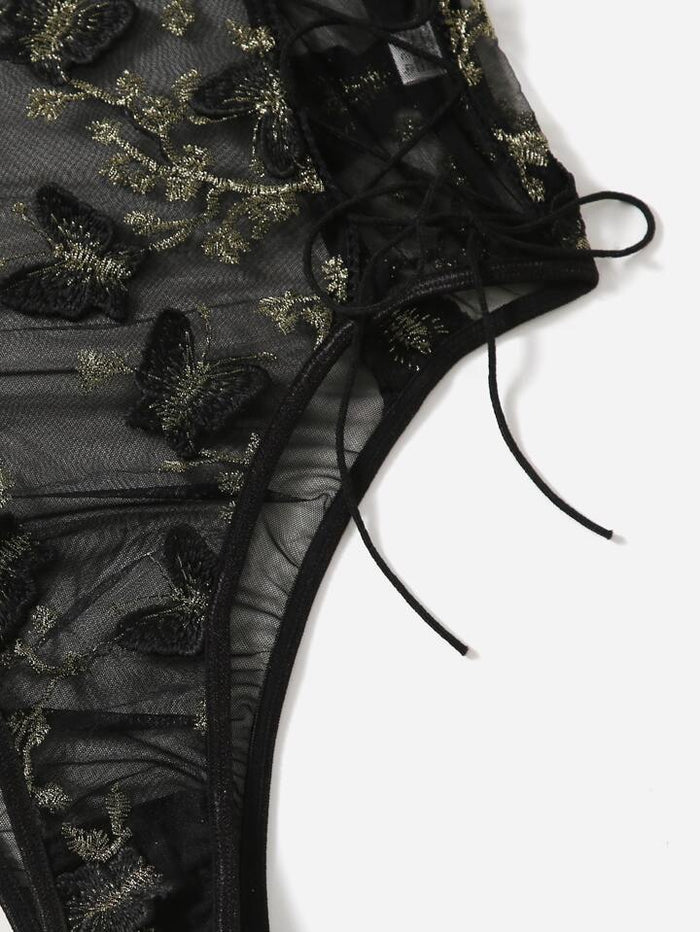 Embroidered Mesh Lace-up Teddy Bodysuit
