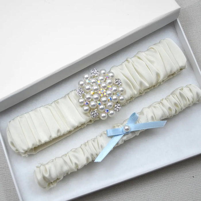 Emily Satin & Pearl Wedding Garter Set (Available in 10 Colours) - The Wedding Garter