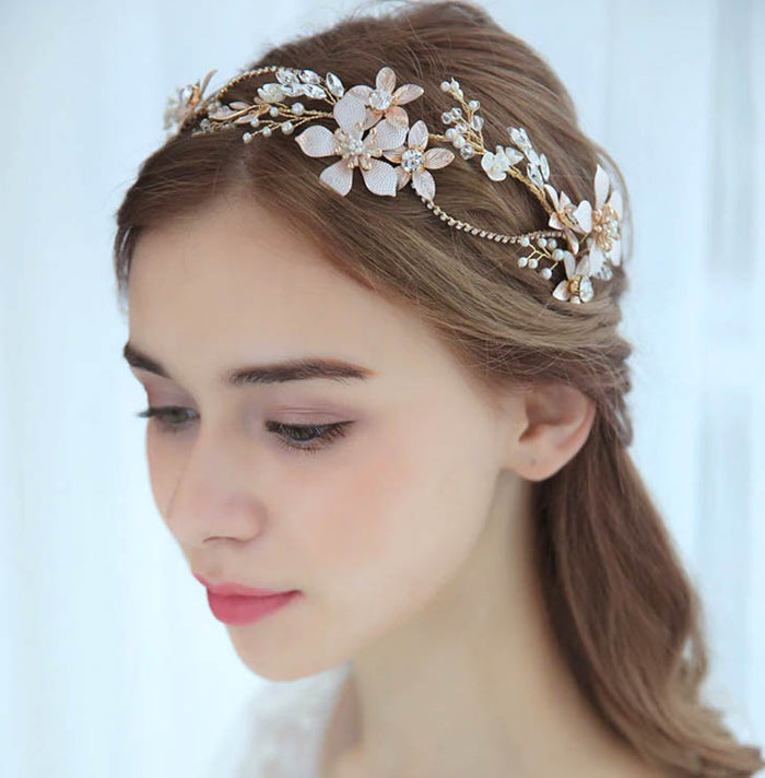 Enchanting Blush Pink & Gold Bridal Hair Vine - The Wedding Garter