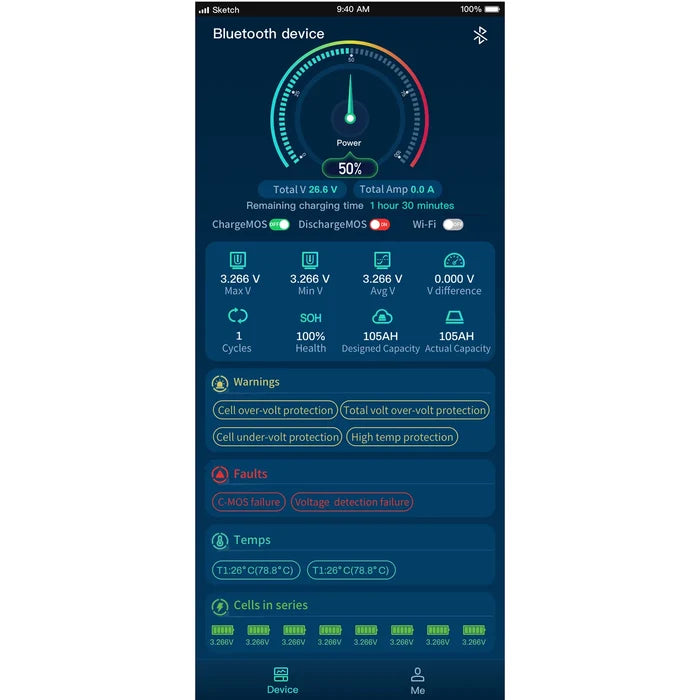 Smartphone displaying a battery monitoring app with detailed information on voltage, capacity, and status.