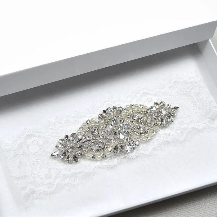 Eva White Eyelash Lace Rhinestone Bridal Garter (2 Colours) - The Wedding Garter