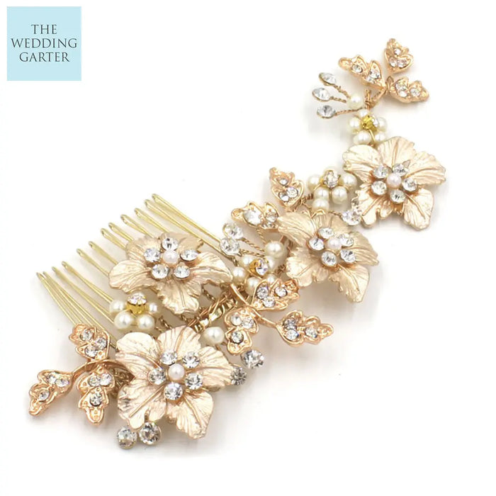 Exquisite Gold Rhinestone & Pearl Luxury Wedding Hair Comb - The Wedding Garter