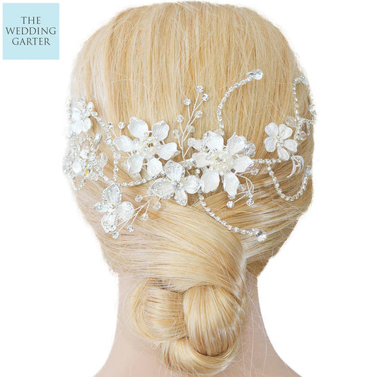 Extravagant Silver Pearl & Crystal Bridal Headpiece Vine - The Wedding Garter