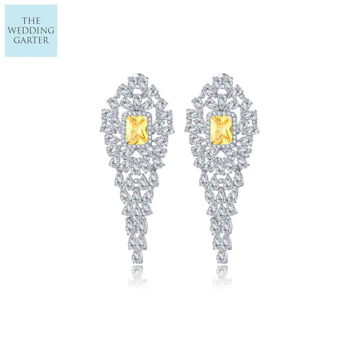 Extravegant Big Yellow CZ Diamond Chandelier Earrings - The Wedding Garter