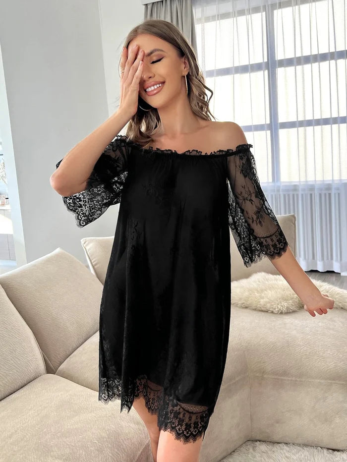 Eyelash lace panel off shoulder bow back mesh night dress