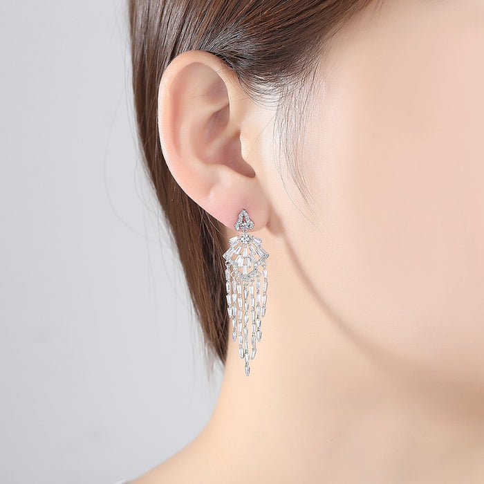 Fancy Long CZ Diamond Tassel Drop Earrings - The Wedding Garter