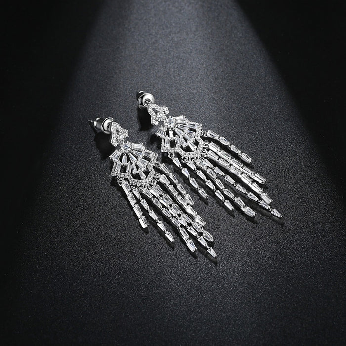 Fancy Long CZ Diamond Tassel Drop Earrings - The Wedding Garter