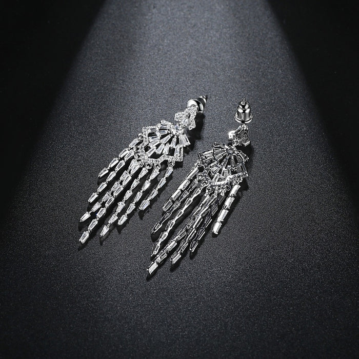 Fancy Long CZ Diamond Tassel Drop Earrings - The Wedding Garter