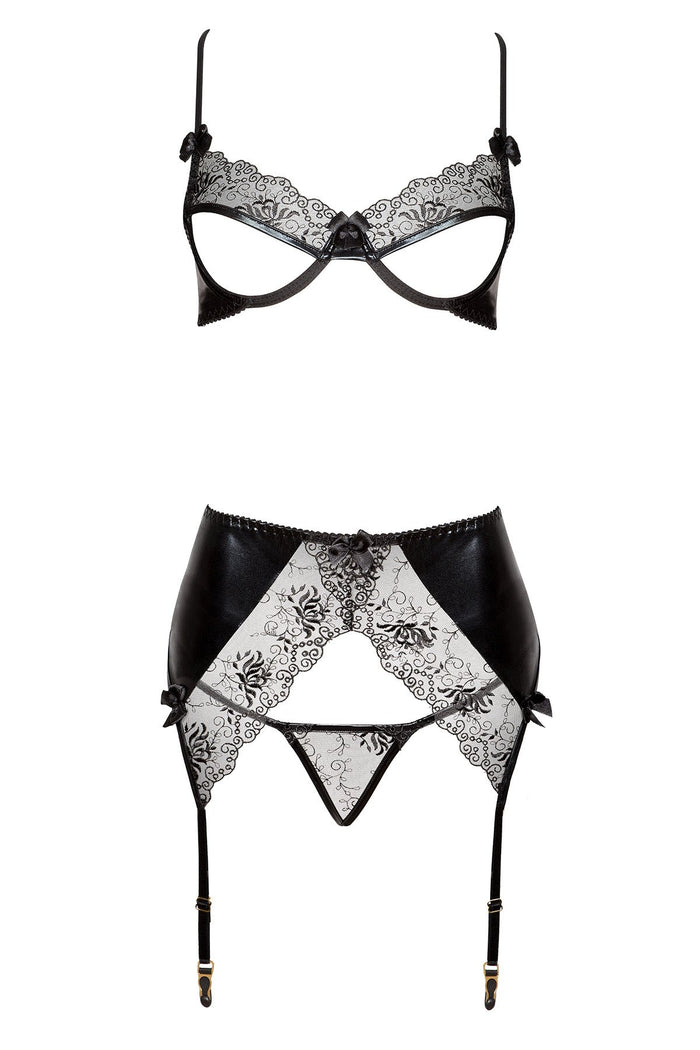 Faux Leather & Lace Bra Set With Garterbelt - The Wedding Garter