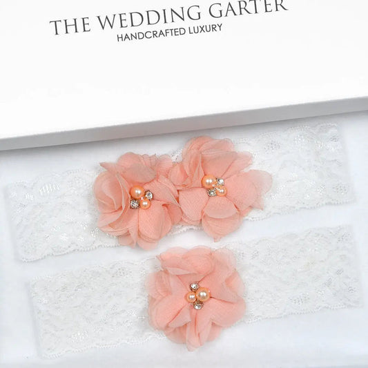 Fleur Ivory Lace & Peach Floral Wedding Garter Set - The Wedding Garter