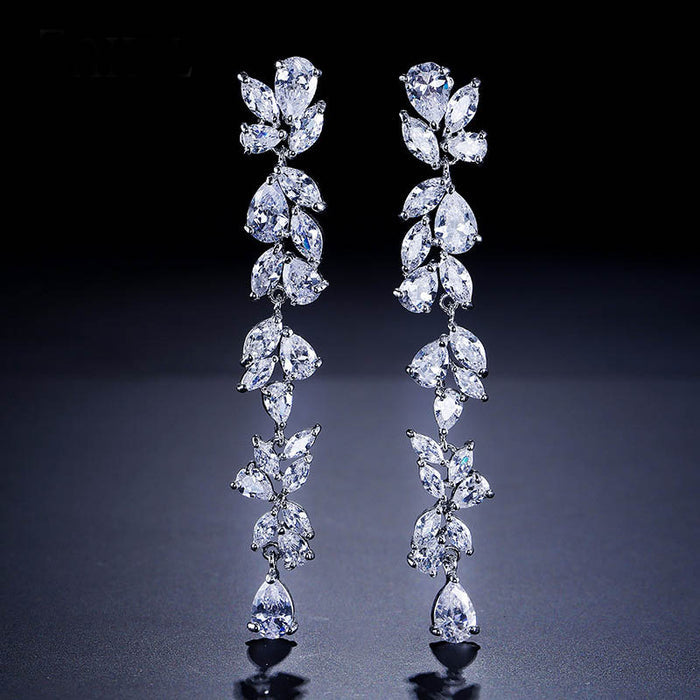 Floral Design Long Cubic Zirconia Dropper Earrings - The Wedding Garter
