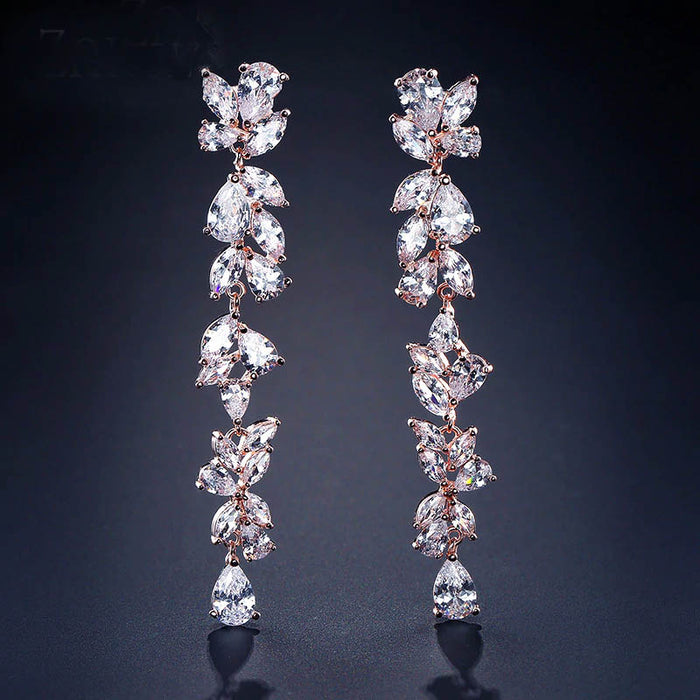 Floral Design Long Cubic Zirconia Dropper Earrings - The Wedding Garter