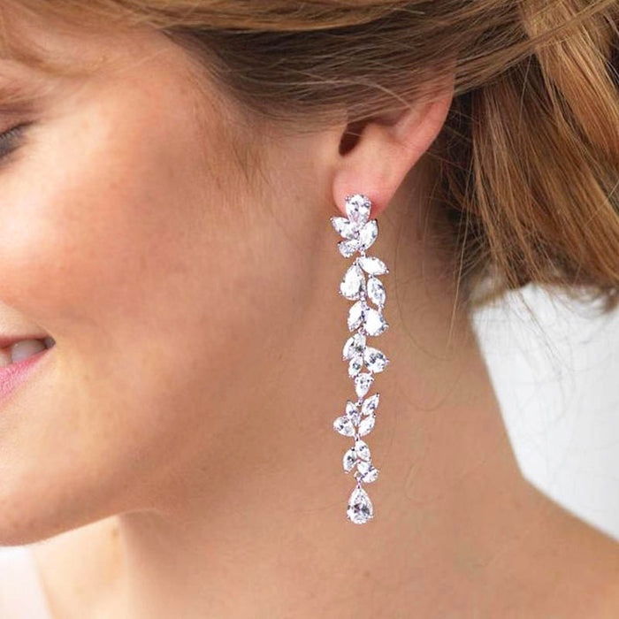Floral Design Long Cubic Zirconia Dropper Earrings - The Wedding Garter