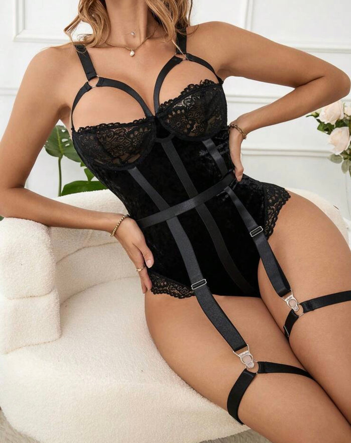 Floral lace underwire garter teddy bodysuit with 1 pair leg ring