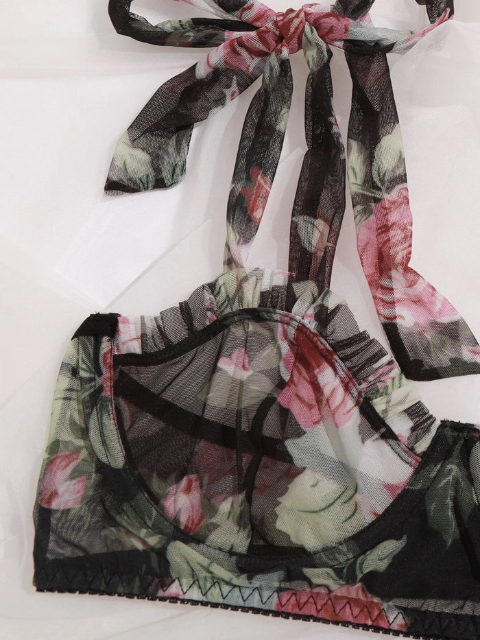 Floral Print Underwire Mesh Bra & Panty Lingerie Set