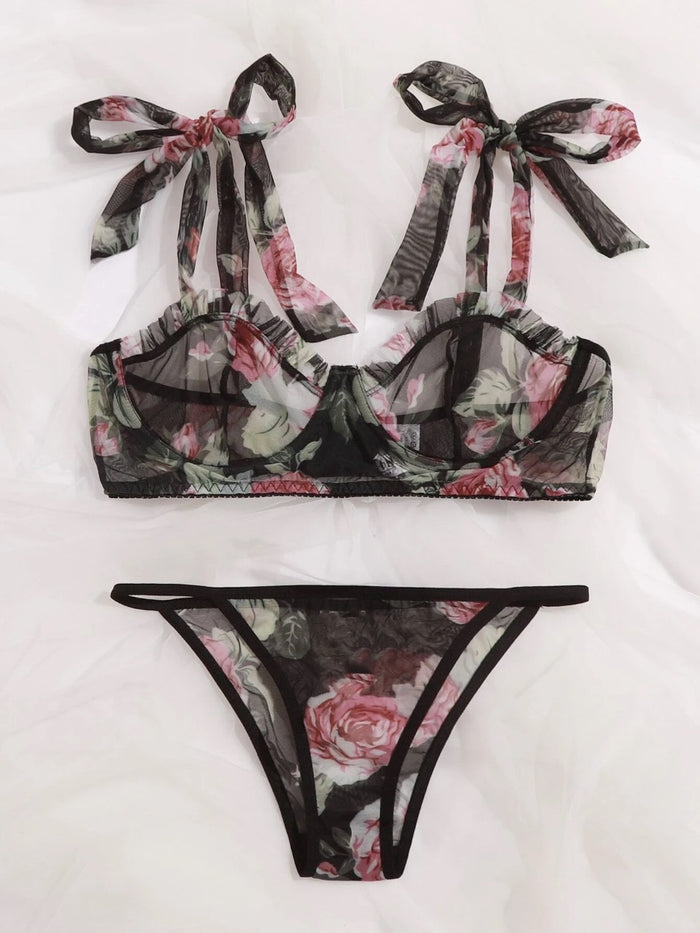 Floral Print Underwire Mesh Bra & Panty Lingerie Set