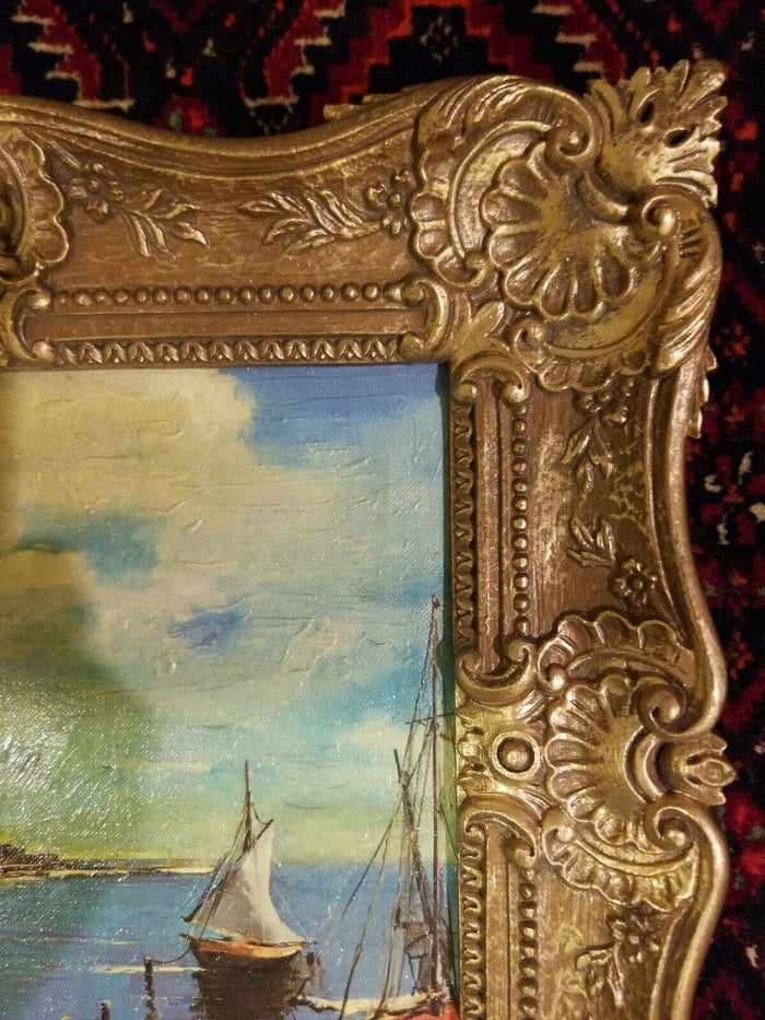 Framed Painting On Canvas Of Mediterranean Coastal Scene (Possible Greece)