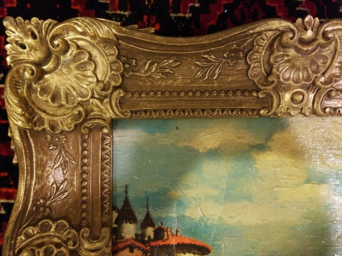 Framed Painting On Canvas Of Mediterranean Coastal Scene (Possible Greece)