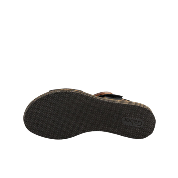 Black leather sandal outsole with textured tread and small brand mark