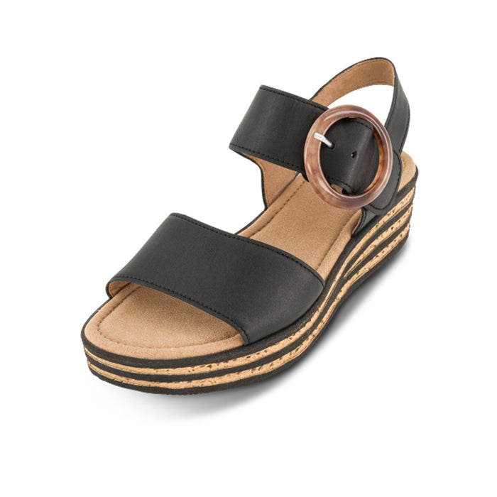 Black leather wedge slide sandal with wide strap and round buckle