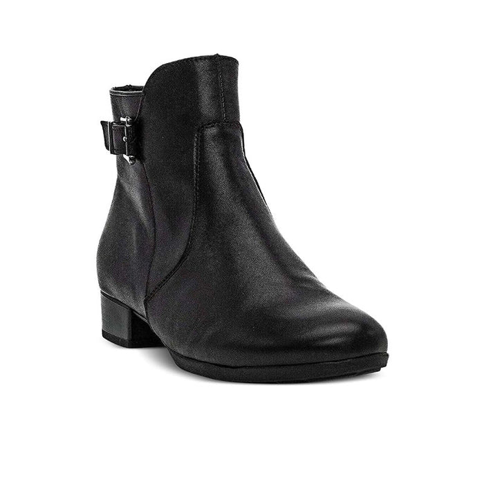 Women’s black leather ankle boots with buckle strap and block heel