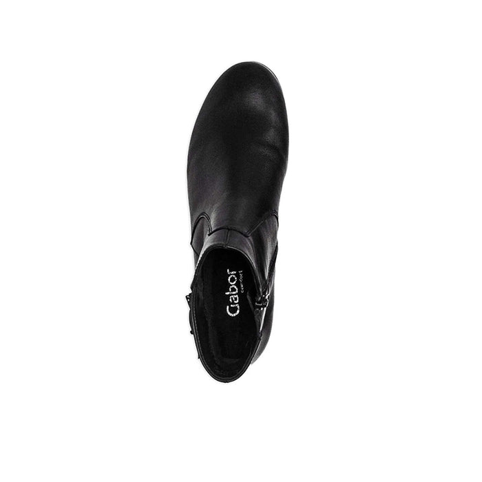 Women’s black leather ankle boots with rounded toe, featuring Gabor logo