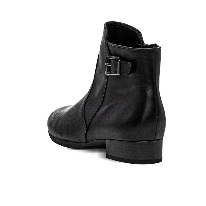 Women’s black leather ankle boots with back ankle buckle and low block heel