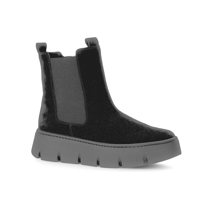 Black leather chelsea boots with chunky rubber sole and side elastic panels