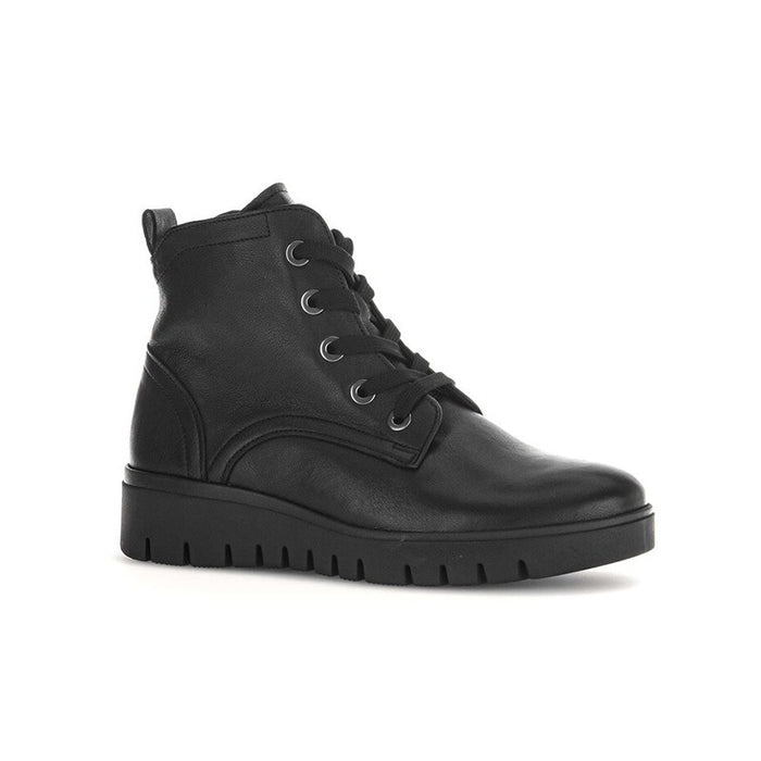 Black leather womens formal lace-up boots with padded collar and rugged tread sole