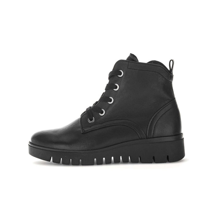 Black leather womens lace-up ankle boots with side panel stitching and chunky sole