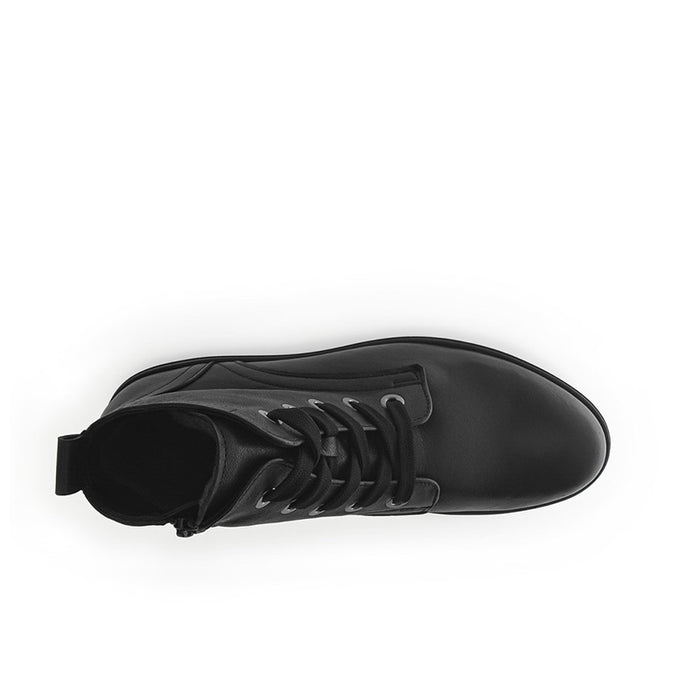 Black leather womens boots with open top lining and lace-up front view