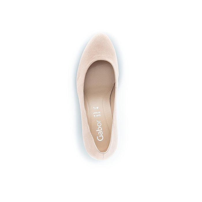Beige suede pump showing insole opening and rounded toe, front view