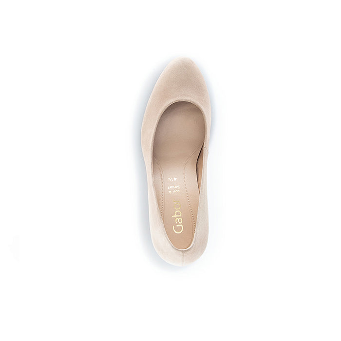 Beige suede pump showing inner lining and insole, open toe silhouette