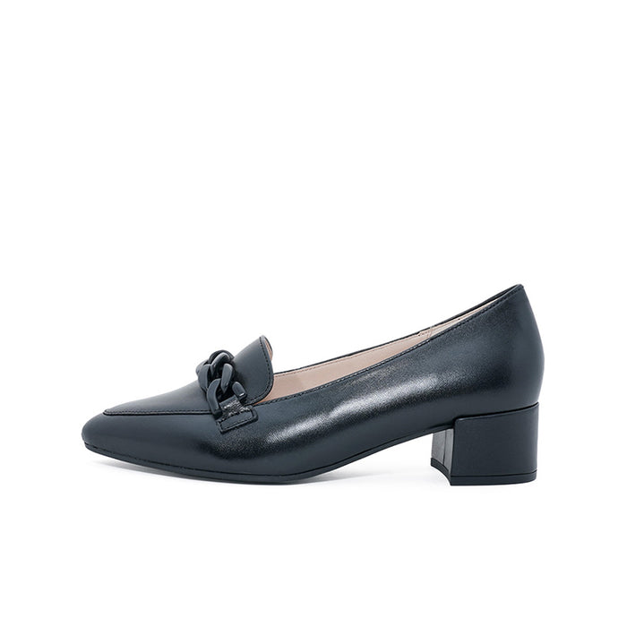 Women’s heeled loafer in black leather with knotted strap detail and block heel