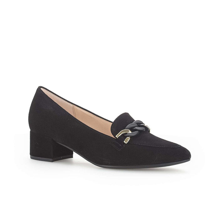 Women’s heeled loafer in black suede with gold-tone chain accent and block heel