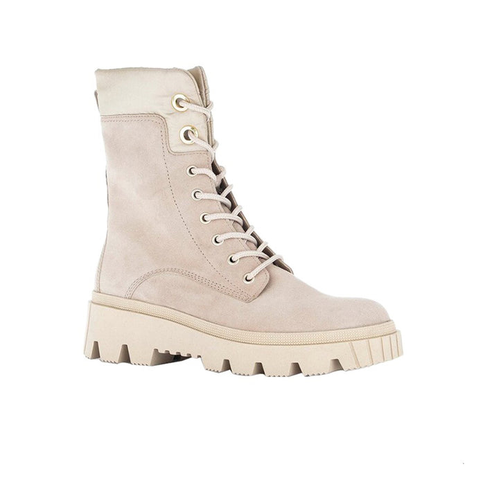 Beige suede lace-up ankle boots with lug rubber sole