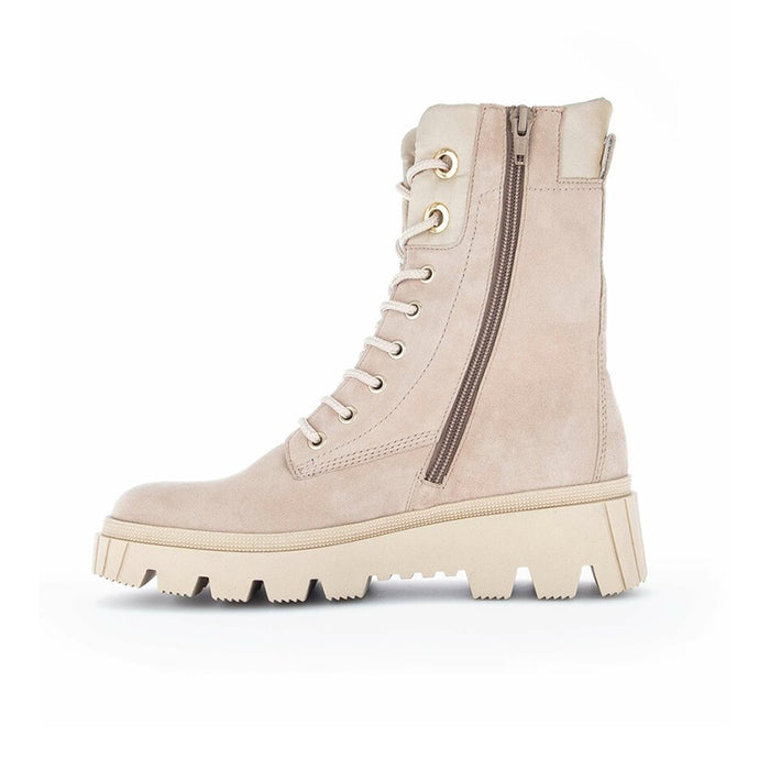 Beige suede lace-up ankle boots with side zip and lug sole