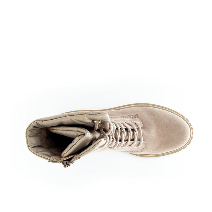 Beige suede ankle boot showing open interior and lace-up closure