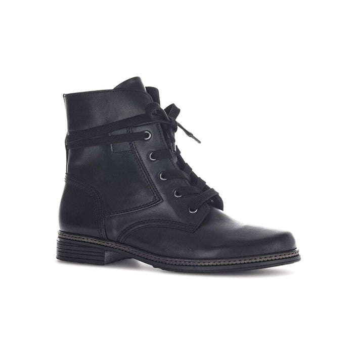 Black leather lace-up ankle boots with low stacked heel