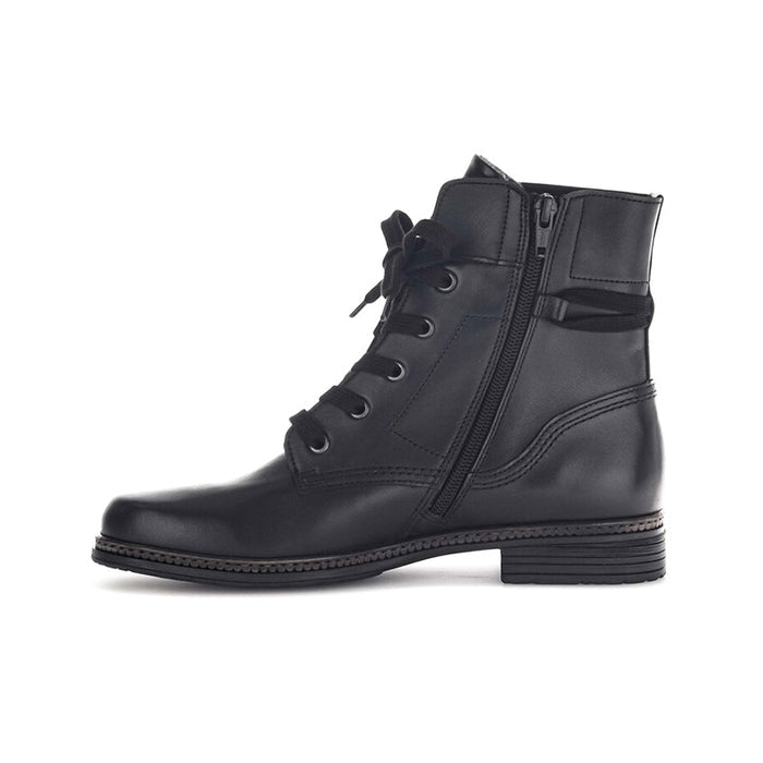 Black leather lace-up ankle boots with side zipper and pull tab