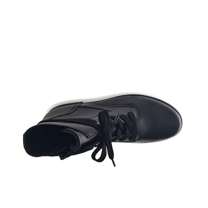 Black leather ankle boot with lace-up front and rounded toe