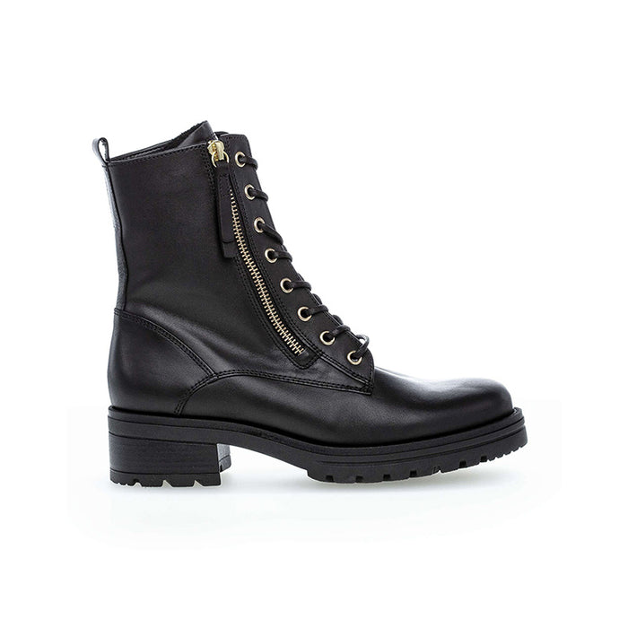 Women’s black leather ankle boots with lace-up front and side zip detail