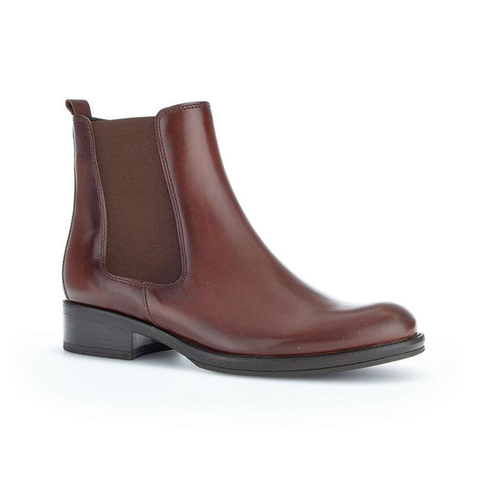 Brown Chelsea ankle boots with elastic side panels and low block heel