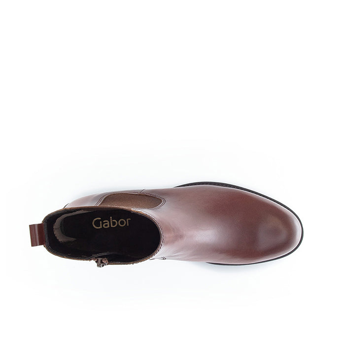 Brown Chelsea ankle boot with cushioned lining and Gabor logo on footbed
