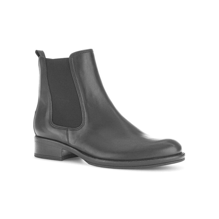 Black Chelsea ankle boots with elastic side panels and low block heel
