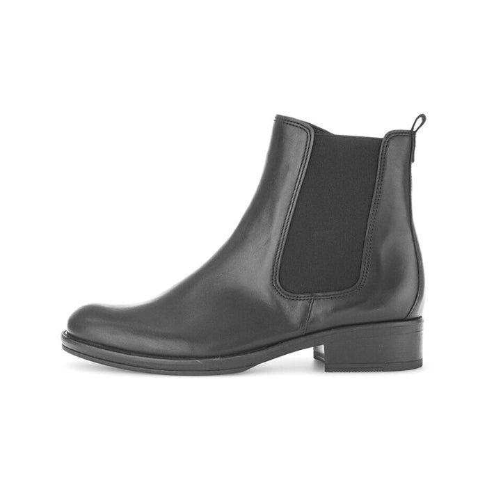 Black Chelsea ankle boots with elastic side panel and low block heel